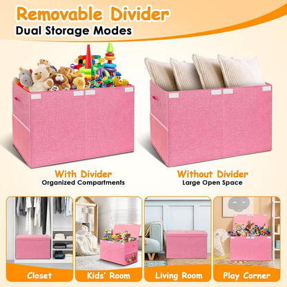 Large Toy Storage Box with Lid Upgraded Toy Chest Organizer with Removable PP Divider Foldable Toy Bin for Kids Boys Girls Linen Fabric Toy Box for Playroom Nursery Bedroom (25"x13"x16")