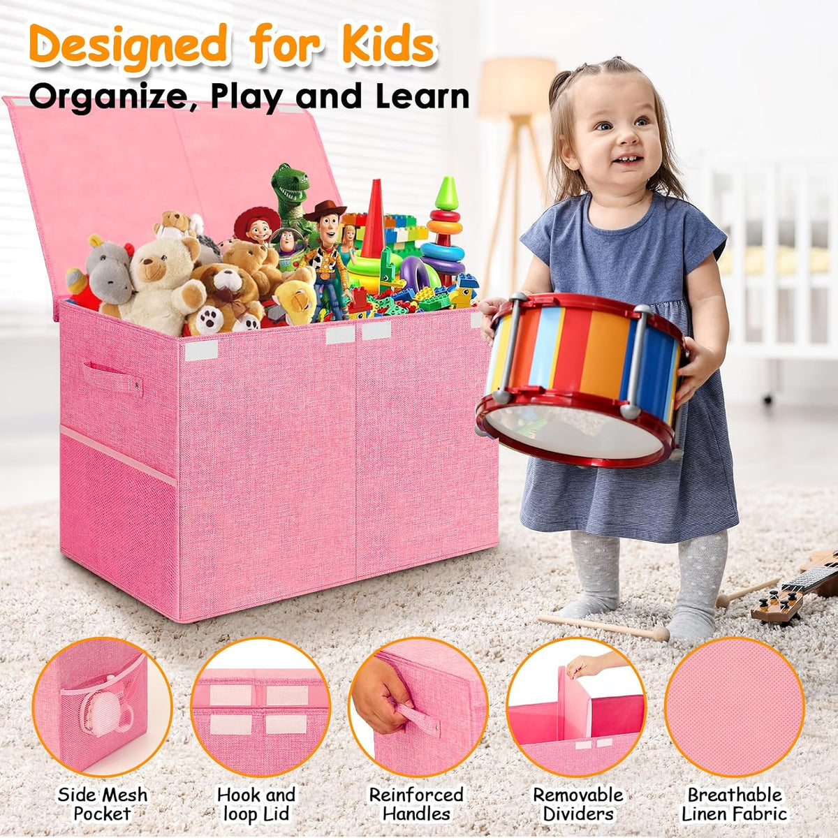Large Toy Storage Box with Lid Upgraded Toy Chest Organizer with Removable PP Divider Foldable Toy Bin for Kids Boys Girls Linen Fabric Toy Box for Playroom Nursery Bedroom (25"x13"x16")