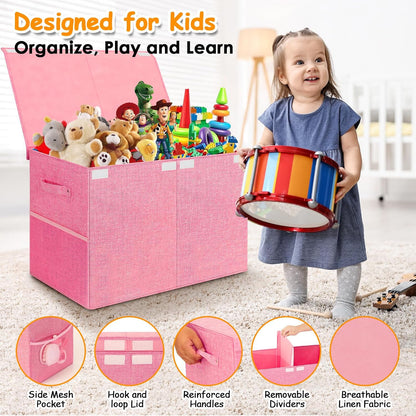 Large Toy Storage Box with Lid Upgraded Toy Chest Organizer with Removable PP Divider Foldable Toy Bin for Kids Boys Girls Linen Fabric Toy Box for Playroom Nursery Bedroom (25"x13"x16")
