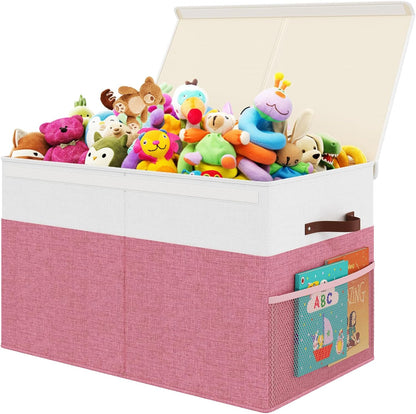 Large Toy Storage Box with Lid Upgraded Toy Chest Organizer with Removable PP Divider Foldable Toy Bin for Kids Boys Girls Linen Fabric Toy Box for Playroom Nursery Bedroom (25"x13"x16")