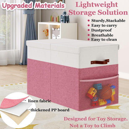 Large Toy Storage Box with Lid Upgraded Toy Chest Organizer with Removable PP Divider Foldable Toy Bin for Kids Boys Girls Linen Fabric Toy Box for Playroom Nursery Bedroom (25"x13"x16")