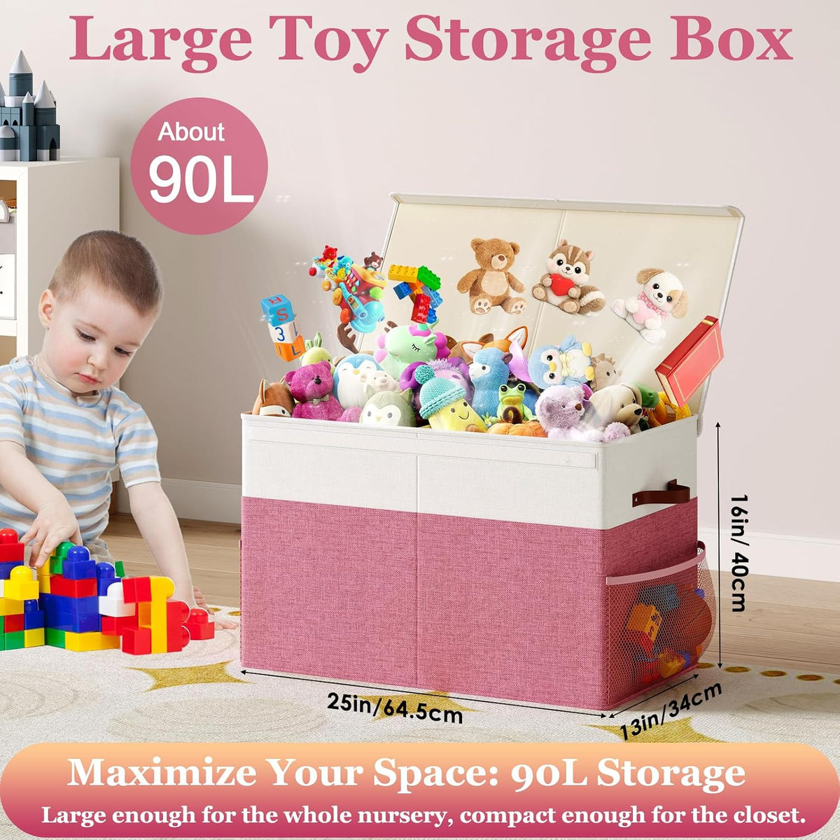 Large Toy Storage Box with Lid Upgraded Toy Chest Organizer with Removable PP Divider Foldable Toy Bin for Kids Boys Girls Linen Fabric Toy Box for Playroom Nursery Bedroom (25"x13"x16")