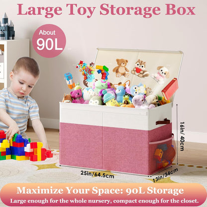 Large Toy Storage Box with Lid Upgraded Toy Chest Organizer with Removable PP Divider Foldable Toy Bin for Kids Boys Girls Linen Fabric Toy Box for Playroom Nursery Bedroom (25"x13"x16")