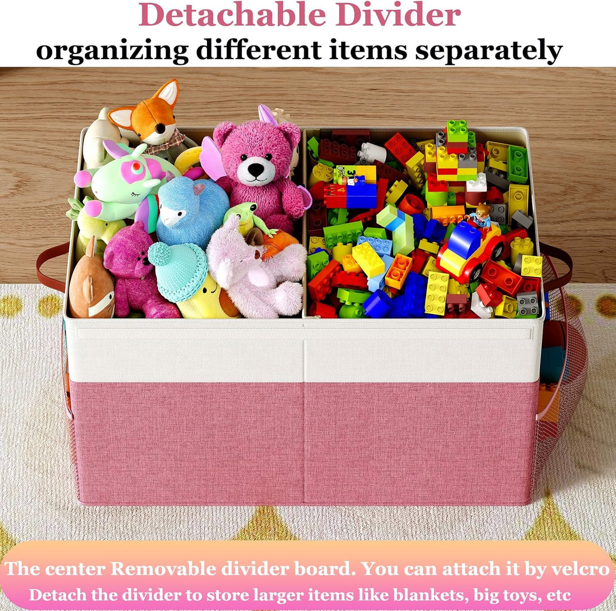 Large Toy Storage Box with Lid Upgraded Toy Chest Organizer with Removable PP Divider Foldable Toy Bin for Kids Boys Girls Linen Fabric Toy Box for Playroom Nursery Bedroom (25"x13"x16")