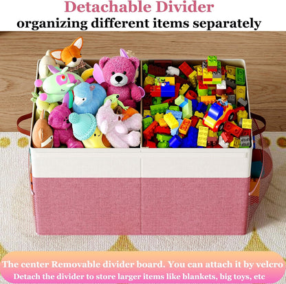 Large Toy Storage Box with Lid Upgraded Toy Chest Organizer with Removable PP Divider Foldable Toy Bin for Kids Boys Girls Linen Fabric Toy Box for Playroom Nursery Bedroom (25"x13"x16")