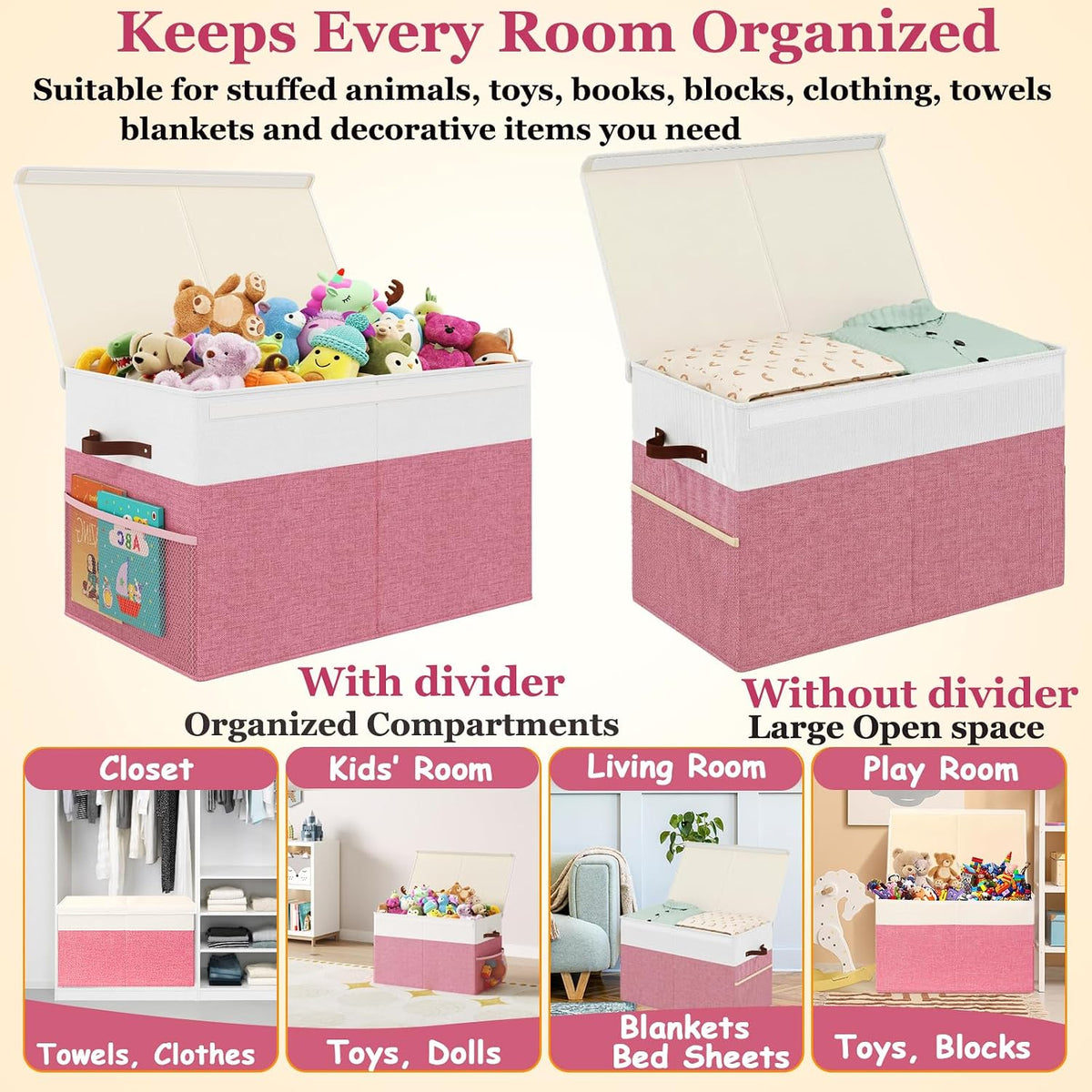 Large Toy Storage Box with Lid Upgraded Toy Chest Organizer with Removable PP Divider Foldable Toy Bin for Kids Boys Girls Linen Fabric Toy Box for Playroom Nursery Bedroom (25"x13"x16")