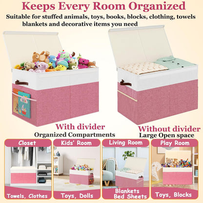 Large Toy Storage Box with Lid Upgraded Toy Chest Organizer with Removable PP Divider Foldable Toy Bin for Kids Boys Girls Linen Fabric Toy Box for Playroom Nursery Bedroom (25"x13"x16")