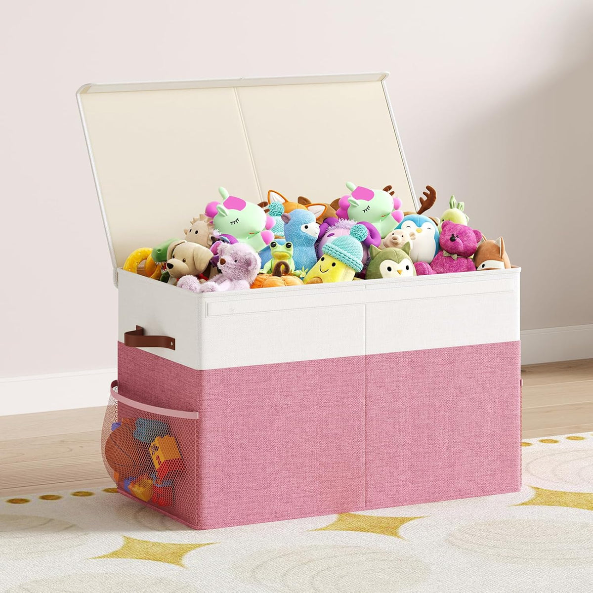 Large Toy Storage Box with Lid Upgraded Toy Chest Organizer with Removable PP Divider Foldable Toy Bin for Kids Boys Girls Linen Fabric Toy Box for Playroom Nursery Bedroom (25"x13"x16")