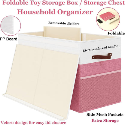 Large Toy Storage Box with Lid Upgraded Toy Chest Organizer with Removable PP Divider Foldable Toy Bin for Kids Boys Girls Linen Fabric Toy Box for Playroom Nursery Bedroom (25"x13"x16")