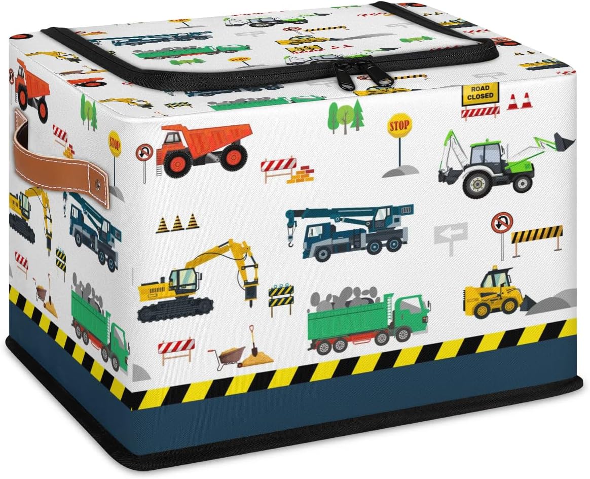 Large Box Collapsible Storage Bins with Lids Closet Storage Baskets for Organizing Shelves Storage Organizer Boxes(Blue Cute Cartoon Engineering Car)