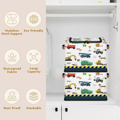 Large Box Collapsible Storage Bins with Lids Closet Storage Baskets for Organizing Shelves Storage Organizer Boxes(Blue Cute Cartoon Engineering Car)