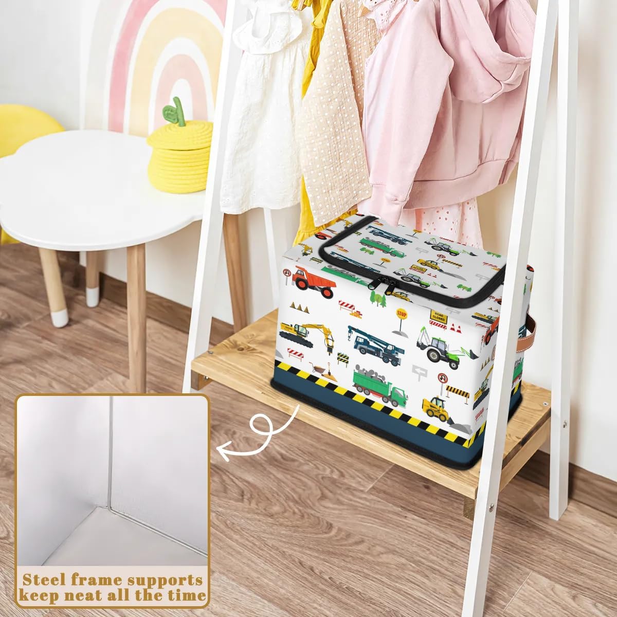 Large Box Collapsible Storage Bins with Lids Closet Storage Baskets for Organizing Shelves Storage Organizer Boxes(Blue Cute Cartoon Engineering Car)