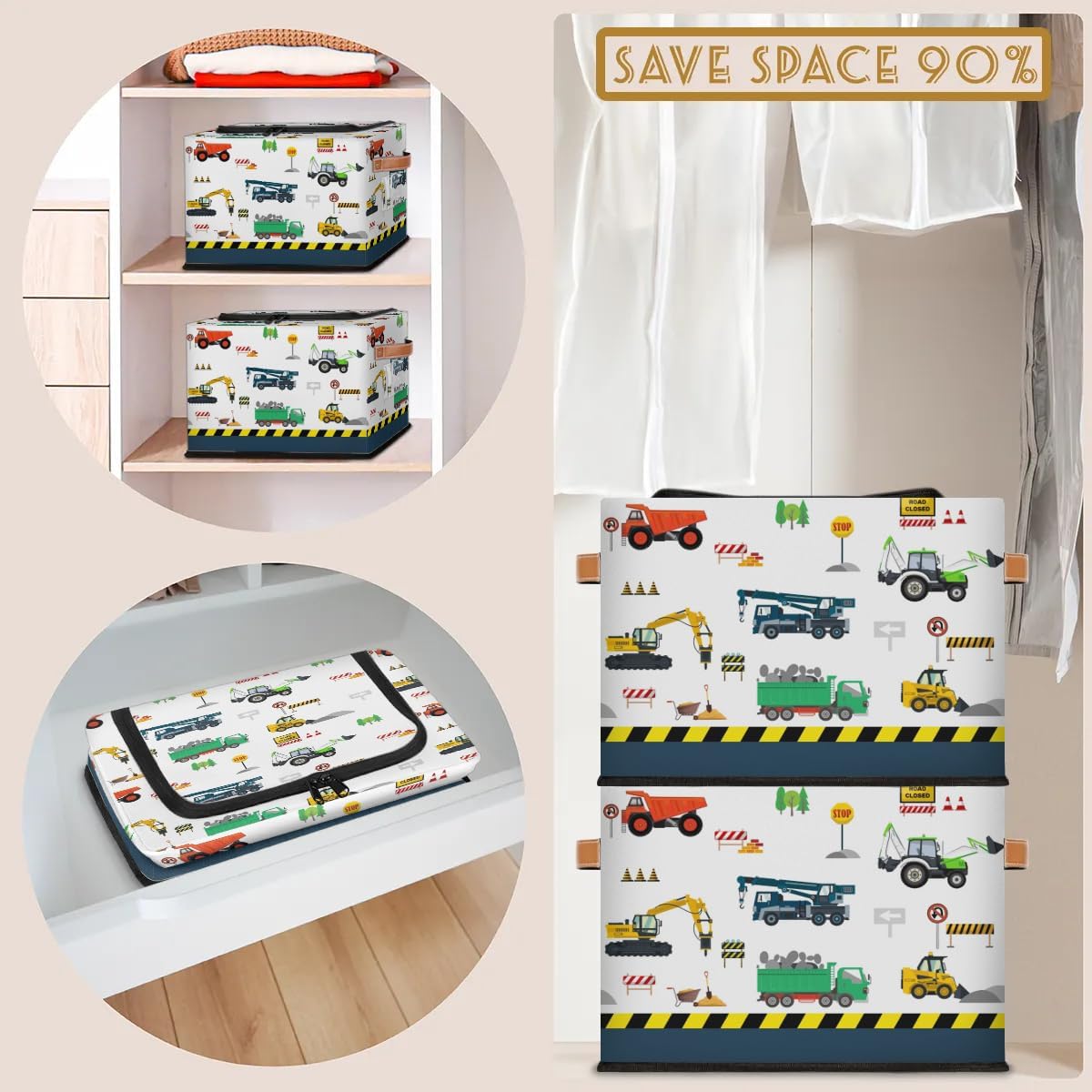 Large Box Collapsible Storage Bins with Lids Closet Storage Baskets for Organizing Shelves Storage Organizer Boxes(Blue Cute Cartoon Engineering Car)