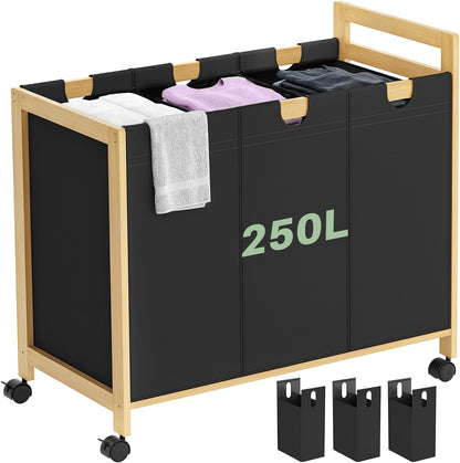 250L Laundry Sorter with Wheels, 3-Section Laundry Hamper, Black