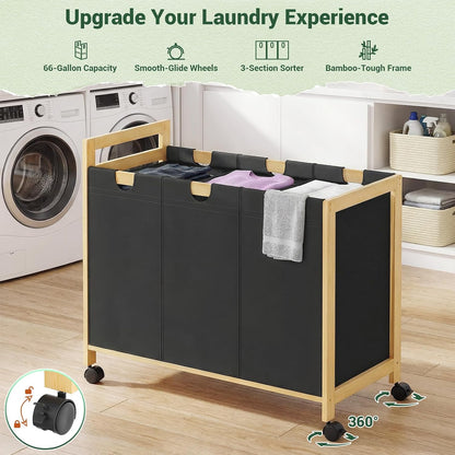 250L Laundry Sorter with Wheels, 3-Section Laundry Hamper, Black