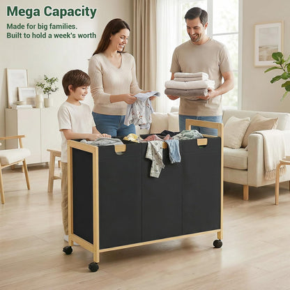 250L Laundry Sorter with Wheels, 3-Section Laundry Hamper, Black