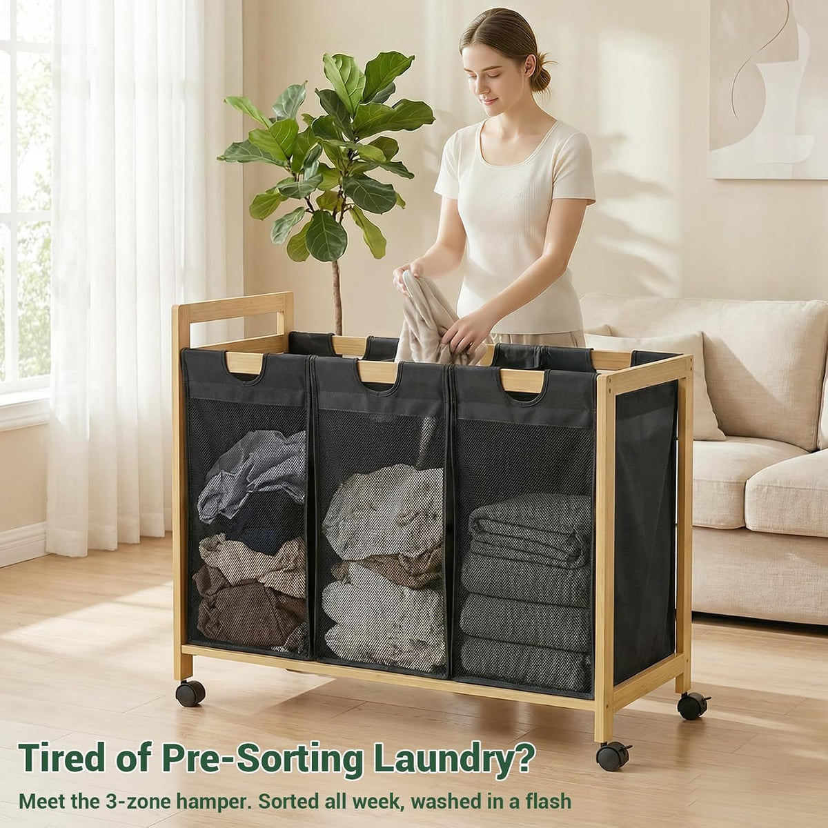 250L Laundry Sorter with Wheels, 3-Section Laundry Hamper, Black