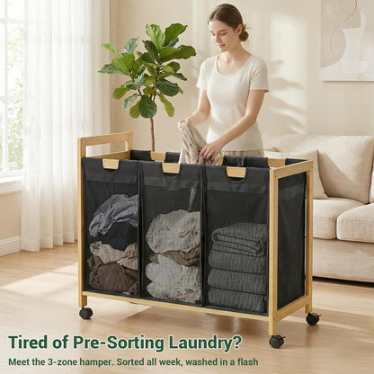 250L Laundry Sorter with Wheels, 3-Section Laundry Hamper, Black