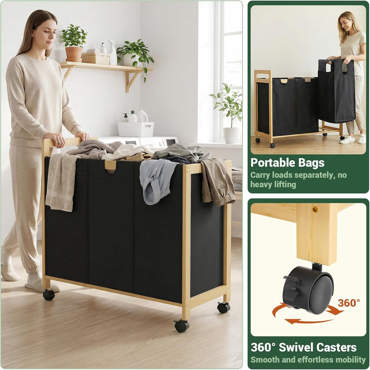 250L Laundry Sorter with Wheels, 3-Section Laundry Hamper, Black