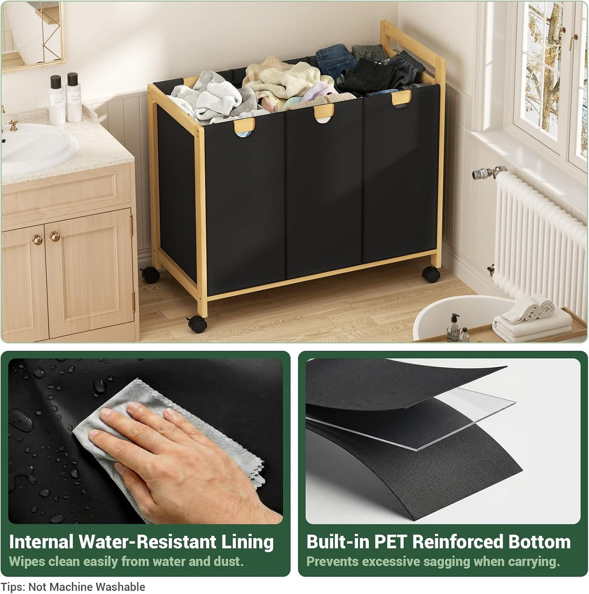250L Laundry Sorter with Wheels, 3-Section Laundry Hamper, Black