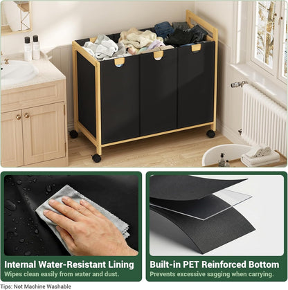 250L Laundry Sorter with Wheels, 3-Section Laundry Hamper, Black