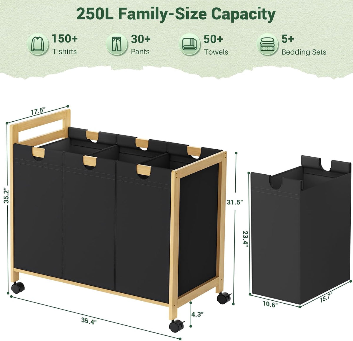 250L Laundry Sorter with Wheels, 3-Section Laundry Hamper, Black