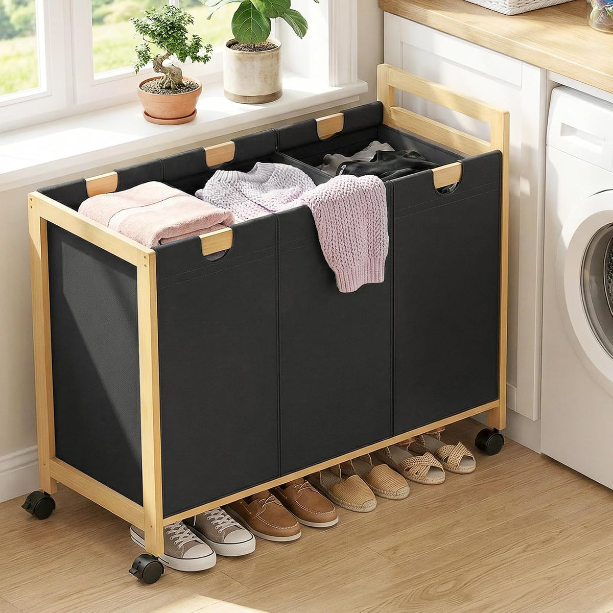 250L Laundry Sorter with Wheels, 3-Section Laundry Hamper, Black