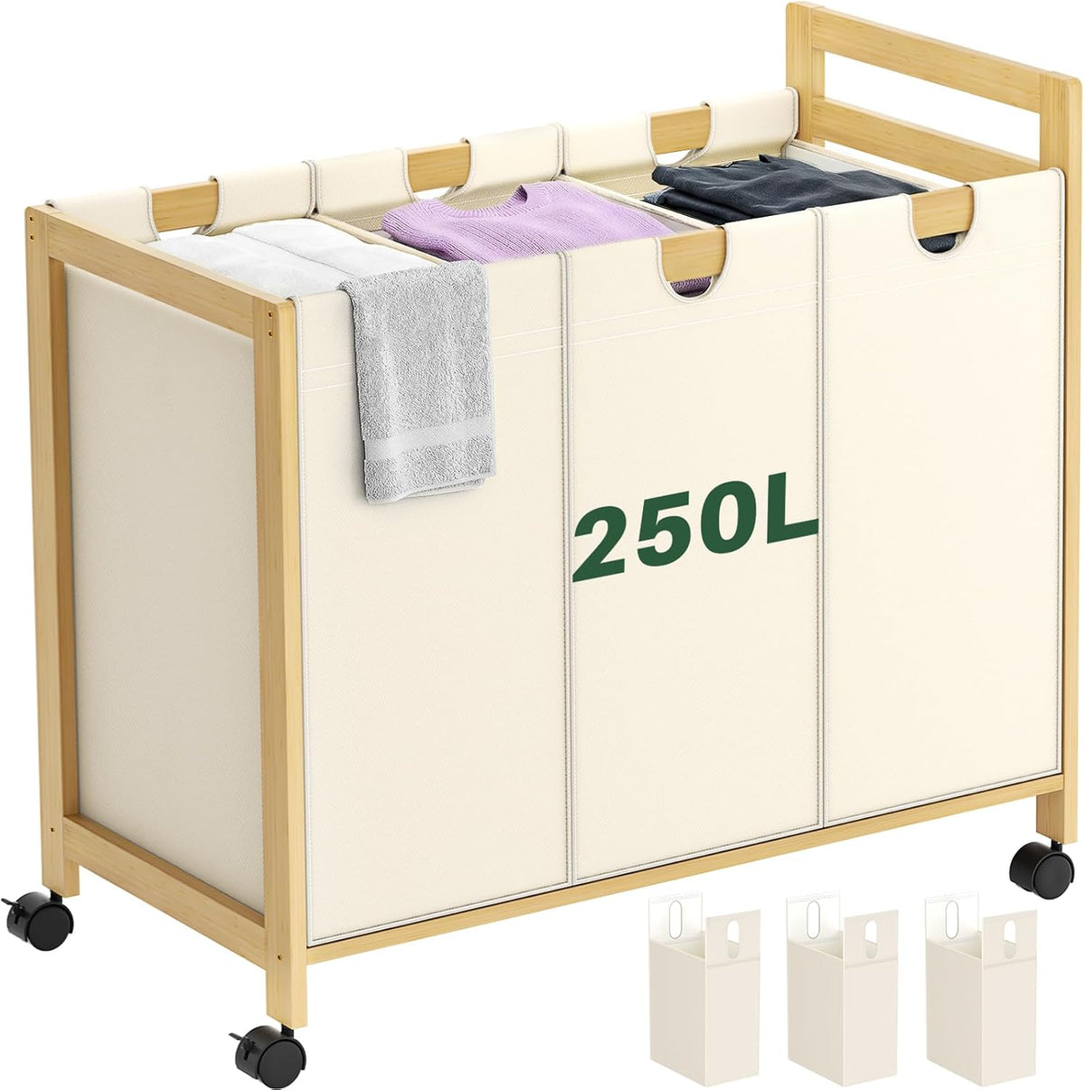 250L Laundry Sorter with Wheels, 3-Section Laundry Hamper, Black