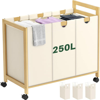 250L Laundry Sorter with Wheels, 3-Section Laundry Hamper, Black