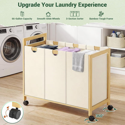 250L Laundry Sorter with Wheels, 3-Section Laundry Hamper, Black