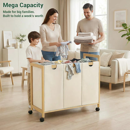 250L Laundry Sorter with Wheels, 3-Section Laundry Hamper, Black