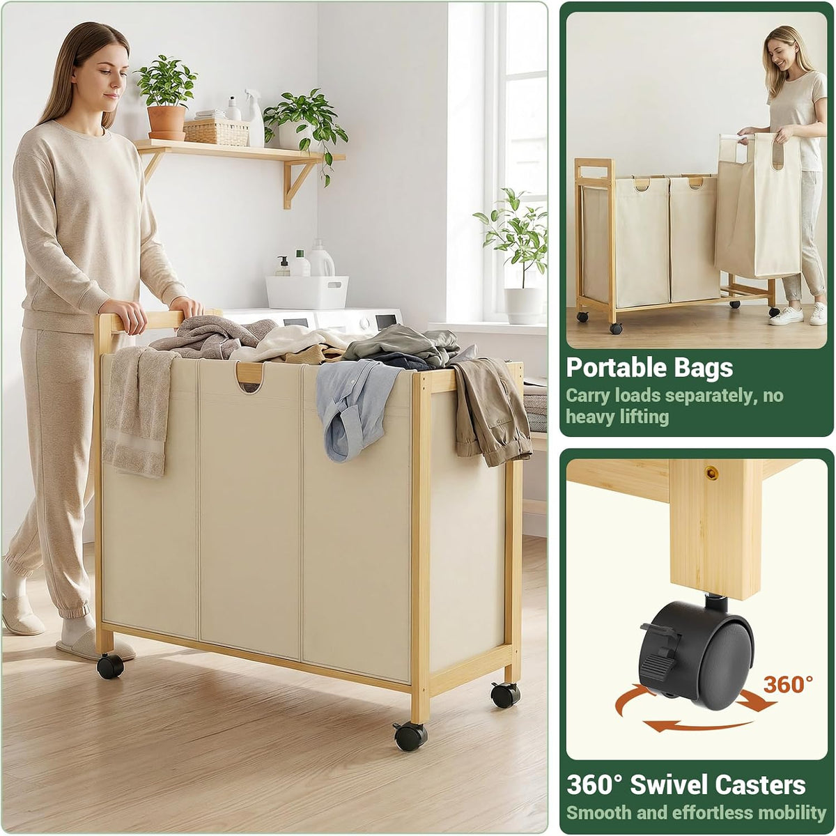 250L Laundry Sorter with Wheels, 3-Section Laundry Hamper, Black