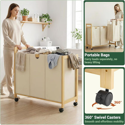 250L Laundry Sorter with Wheels, 3-Section Laundry Hamper, Black