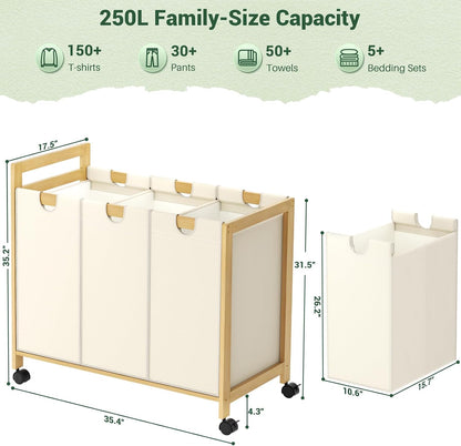 250L Laundry Sorter with Wheels, 3-Section Laundry Hamper, Black