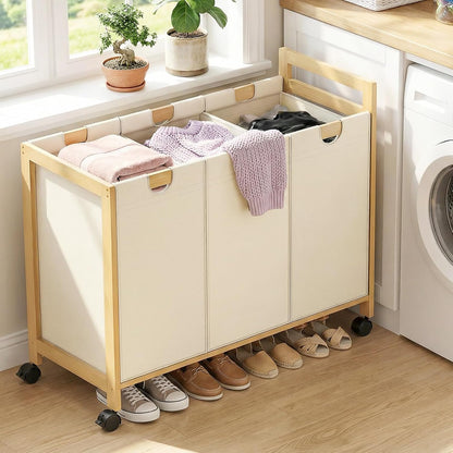 250L Laundry Sorter with Wheels, 3-Section Laundry Hamper, Black