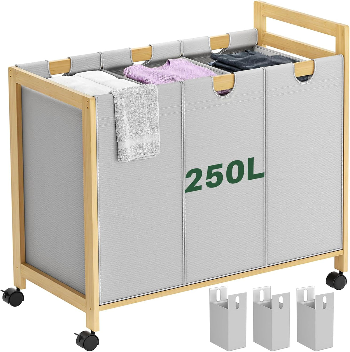 250L Laundry Sorter with Wheels, 3-Section Laundry Hamper, Black