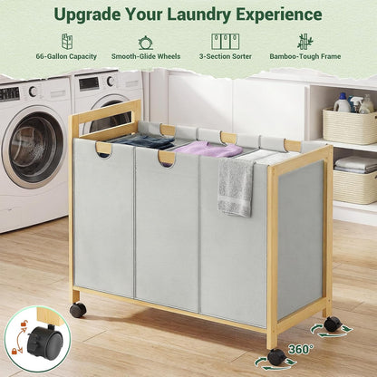 250L Laundry Sorter with Wheels, 3-Section Laundry Hamper, Black