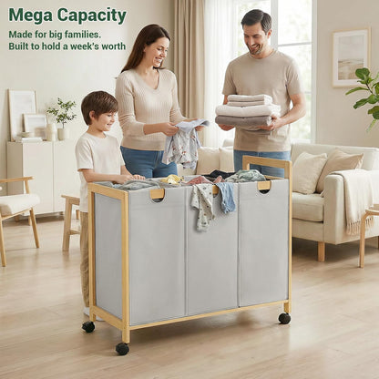 250L Laundry Sorter with Wheels, 3-Section Laundry Hamper, Black