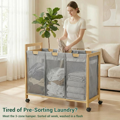 250L Laundry Sorter with Wheels, 3-Section Laundry Hamper, Black