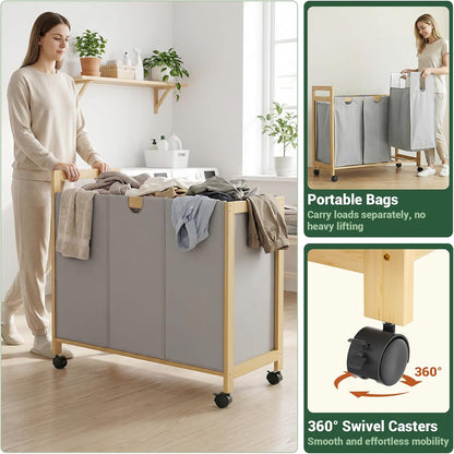 250L Laundry Sorter with Wheels, 3-Section Laundry Hamper, Black
