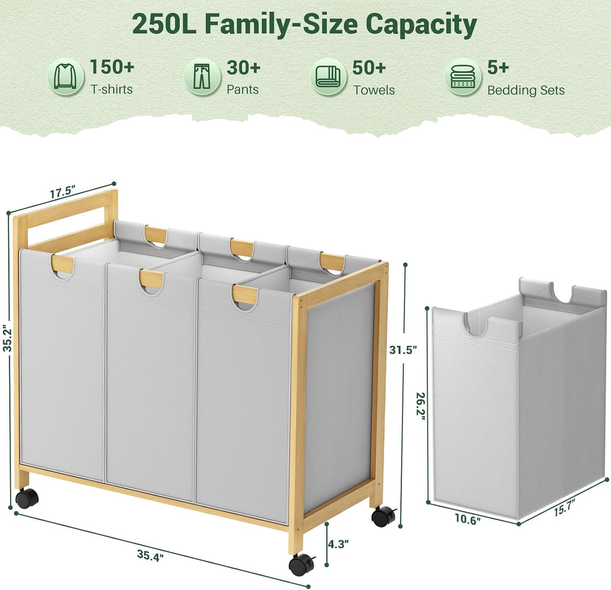 250L Laundry Sorter with Wheels, 3-Section Laundry Hamper, Black