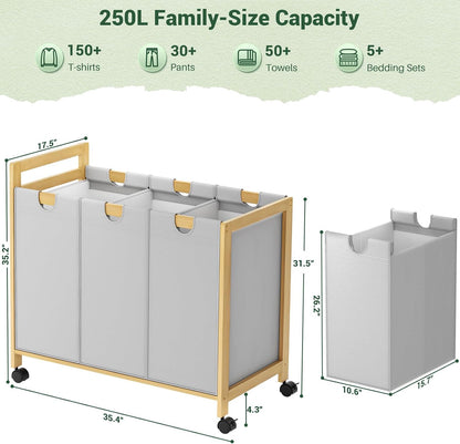 250L Laundry Sorter with Wheels, 3-Section Laundry Hamper, Black