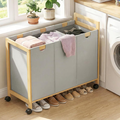 250L Laundry Sorter with Wheels, 3-Section Laundry Hamper, Black