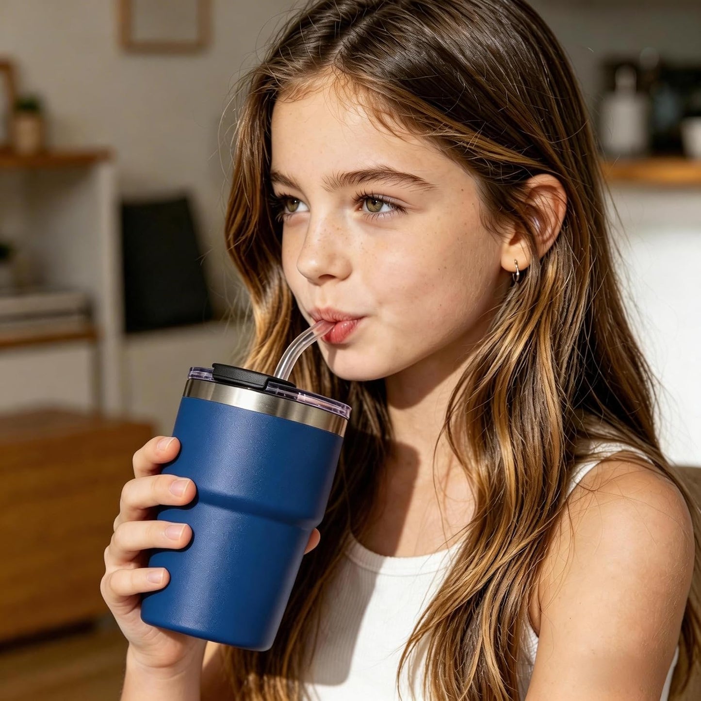 16oz Iced Coffee Cup With Lids, Water Bottle With Straw, Double Layer Vacuum Stainless Steel Insulated Tumbler, Stackable, Cup holder compatibility,Reusable Travel Mug, Blue