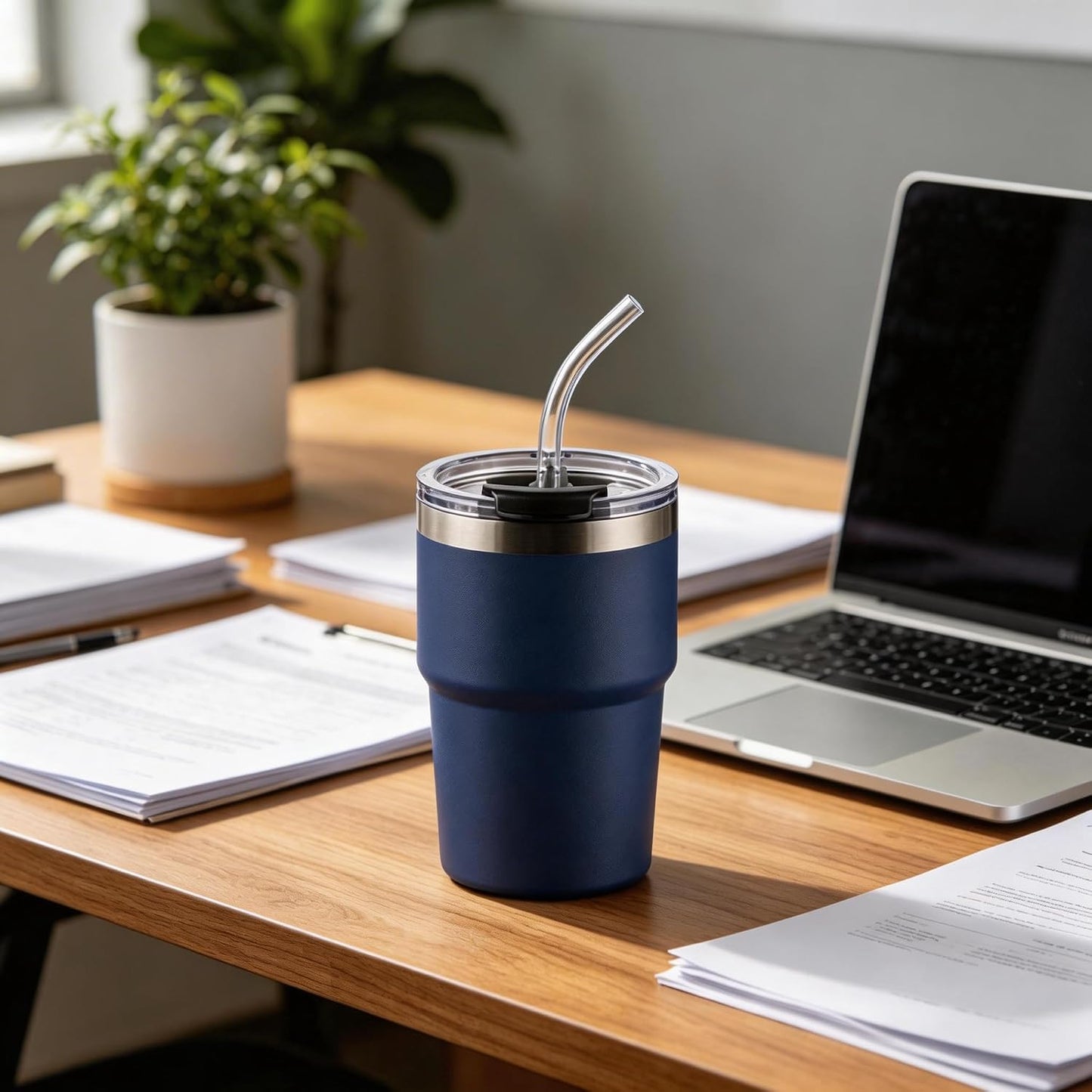 16oz Iced Coffee Cup With Lids, Water Bottle With Straw, Double Layer Vacuum Stainless Steel Insulated Tumbler, Stackable, Cup holder compatibility,Reusable Travel Mug, Blue