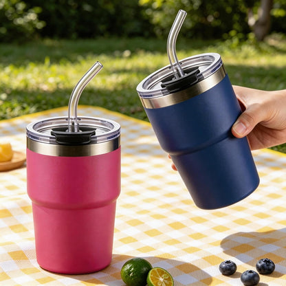 16oz Iced Coffee Cup With Lids, Water Bottle With Straw, Double Layer Vacuum Stainless Steel Insulated Tumbler, Stackable, Cup holder compatibility,Reusable Travel Mug, Blue