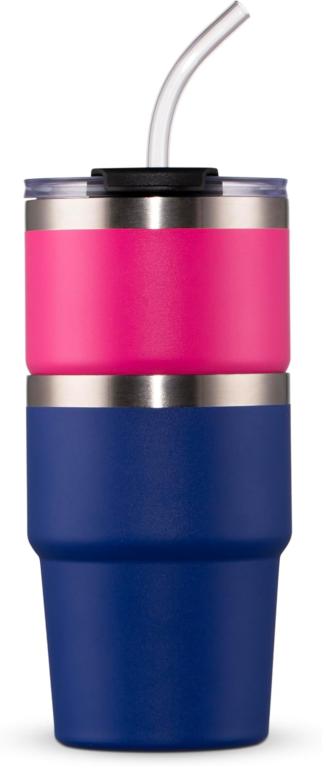 16oz Iced Coffee Cup With Lids, Water Bottle With Straw, Double Layer Vacuum Stainless Steel Insulated Tumbler, Stackable, Cup holder compatibility,Reusable Travel Mug, Blue