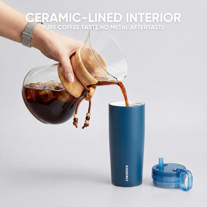 Leakproof Iced Coffee Tumbler 24 oz, Insulated Ceramic Lined Cup | Iced Coffee All Day, Leakproof, Ceramic-Lined Interior, Bag-Safe Commute, Work, Travel, Fits Cup Holders, Hidden Straw Lid