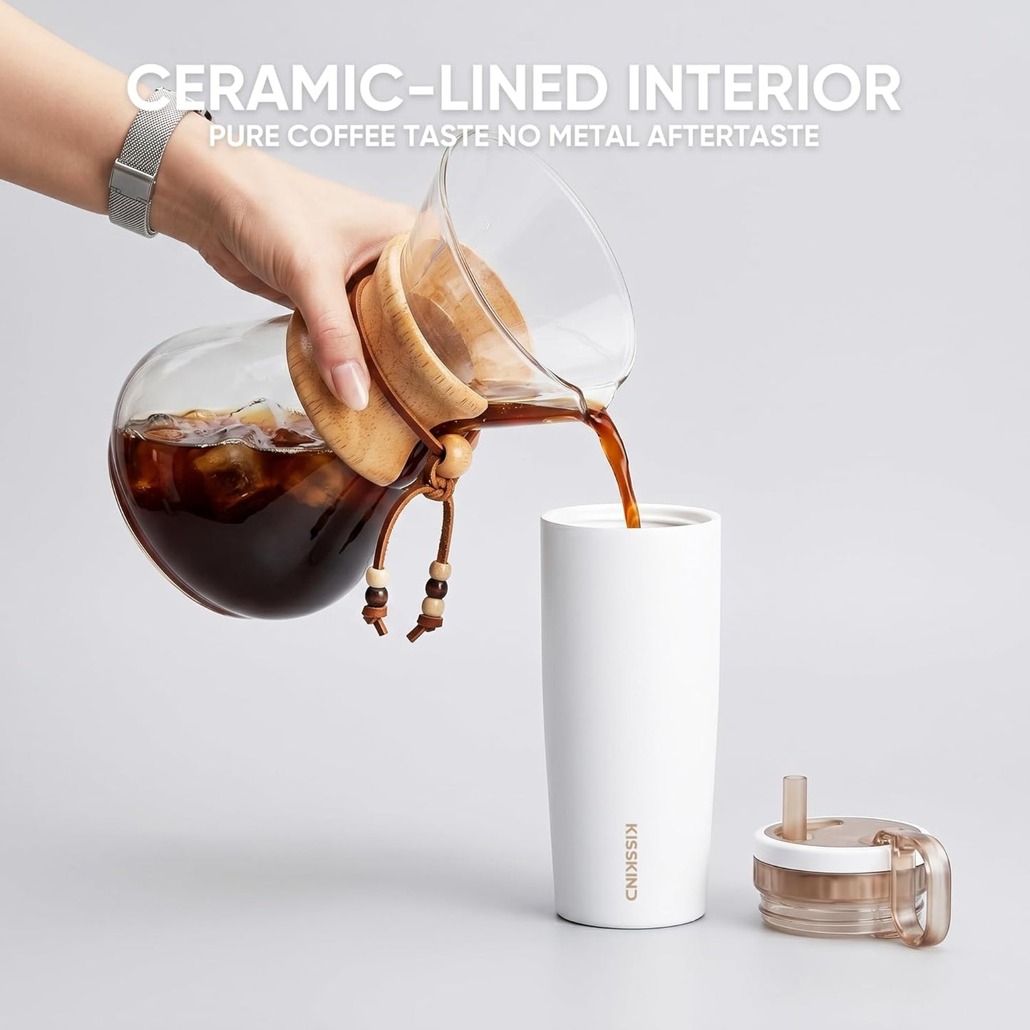 Leakproof Iced Coffee Tumbler 24 oz, Insulated Ceramic Lined Cup | Iced Coffee All Day, Leakproof, Ceramic-Lined Interior, Bag-Safe Commute, Work, Travel, Fits Cup Holders, Hidden Straw Lid