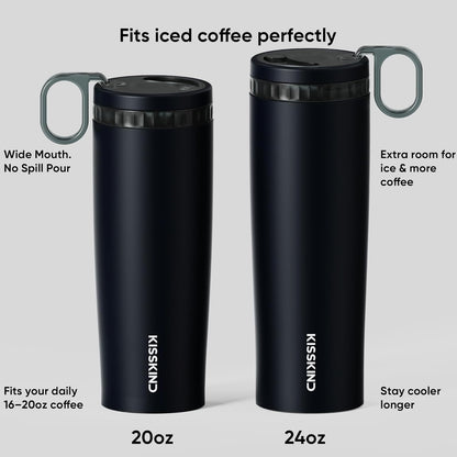 Leakproof Iced Coffee Tumbler 24 oz, Insulated Ceramic Lined Cup | Iced Coffee All Day, Leakproof, Ceramic-Lined Interior, Bag-Safe Commute, Work, Travel, Fits Cup Holders, Hidden Straw Lid